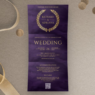 Dark Purple Gold Laurel Minimal QR Code Wedding Tri-Fold Invitation