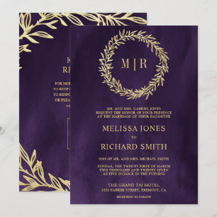 Dark Purple Gold Leaf Branch QR Code Wedding Invitation