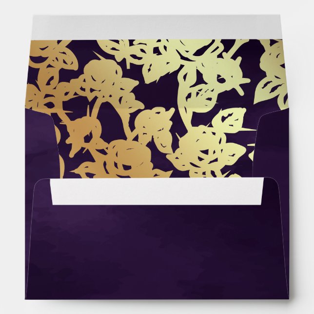 Dark Purple Gold Line Art Wedding Envelope (Back (Bottom))