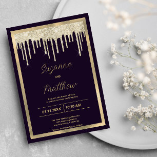 Dark purple gold luxury glitter drips Wedding Invitation