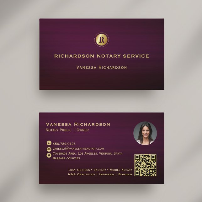 Dark Purple & Gold Monogram Sleek Notary QR Photo  Business Card (Creator Uploaded)