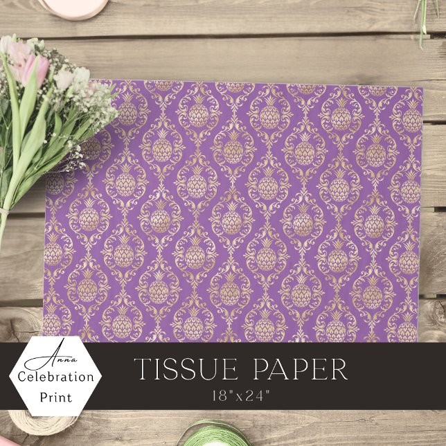Dark Purple Gold Pineapple Damask  Tissue Paper (Creator Uploaded)