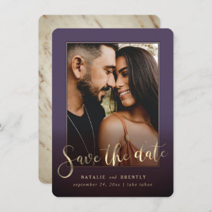 Dark Purple Gold Script & Marble Photo Overlay Save The Date