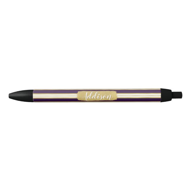 Dark Purple Gold Stripe Pattern Custom Name Black Ink Pen (Front)
