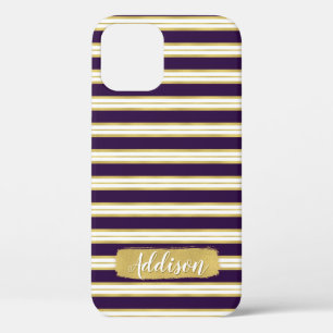 Dark Purple Gold Stripe Pattern Custom Name iPhone 12 Case