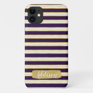 Dark Purple Gold Stripe Pattern Custom Name iPhone 11 Case