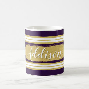 Dark Purple Gold Stripe Pattern Custom Name Coffee Mug