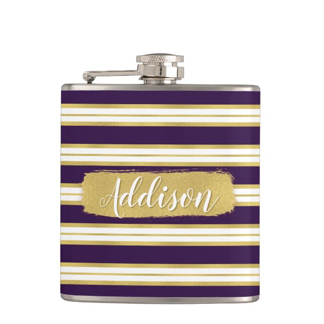 Dark Purple Gold Stripe Pattern Custom Name Hip Flask (Front)