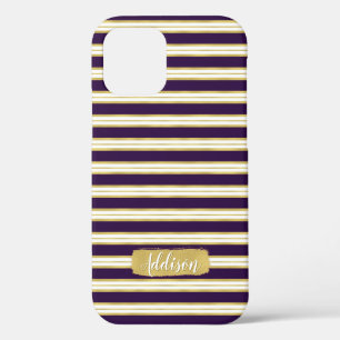 Dark Purple Gold Stripe Pattern Custom Name iPhone 12 Case
