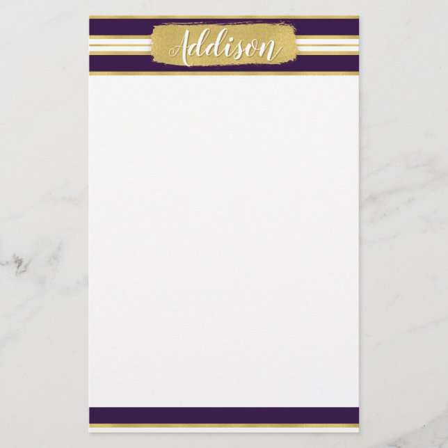 Dark Purple Gold Stripe Pattern Custom Name Stationery (Front)