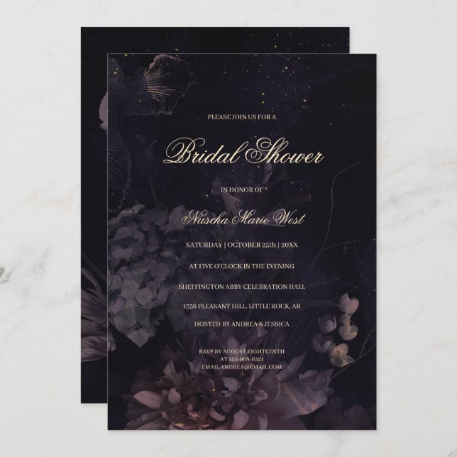 Dark Purple Gothic Boho Floral Bridal Shower Invitation (Front/Back)