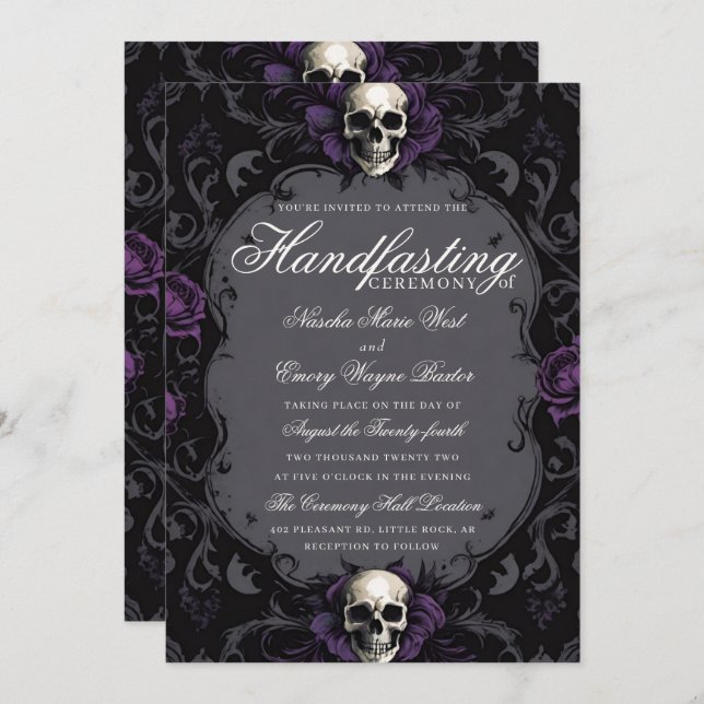 Dark Purple Gothic Boho Floral Skull Handfasting Invitation (Front/Back)