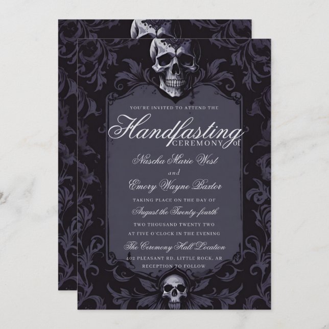 Dark Purple Gothic Boho Floral Skull Handfasting Invitation (Front/Back)