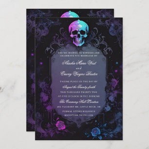 Dark Purple Gothic Boho Floral Skull Wedding Invitation