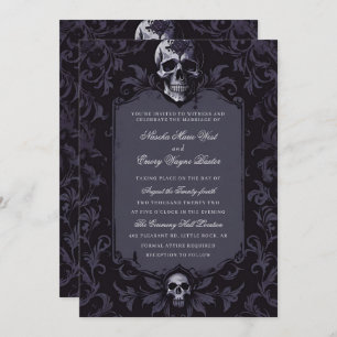 Dark Purple Gothic Boho Floral Skull Wedding Invitation