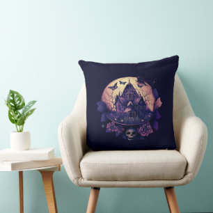 Dark Purple Gothic Haunted House Cushion
