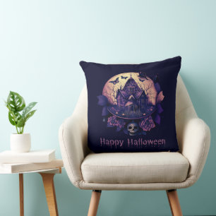 Dark Purple Gothic Haunted House Happy Halloween Cushion