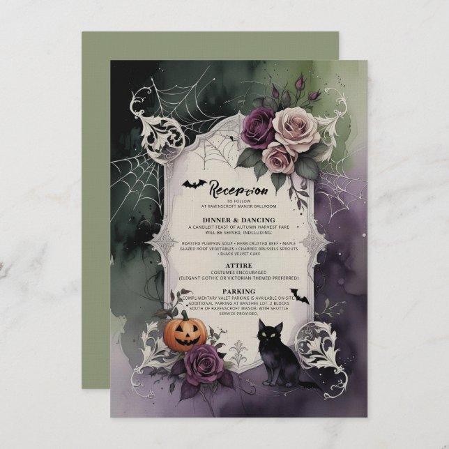 Dark Purple Gothic Roses Halloween Wedding Recepti Invitation (Front/Back)