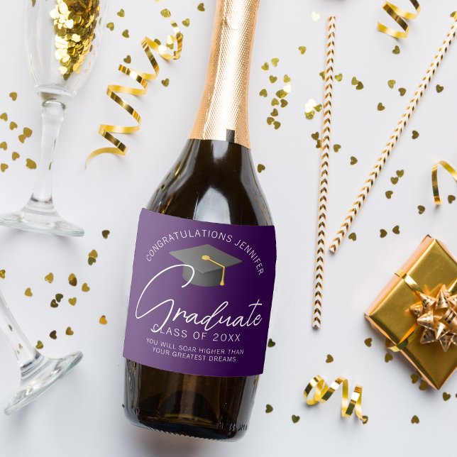 Dark Purple Graduate Personalised Graduation Party Sparkling Wine Label (Creator Uploaded)