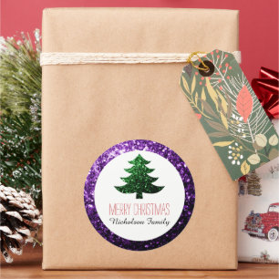 Dark Purple Green Christmas tree sparkles Gift Tag