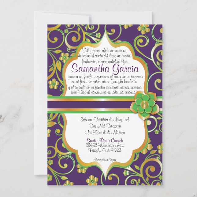 Dark Purple, Green & Gold Spanish Quinceañera Invi Invitation (Front)
