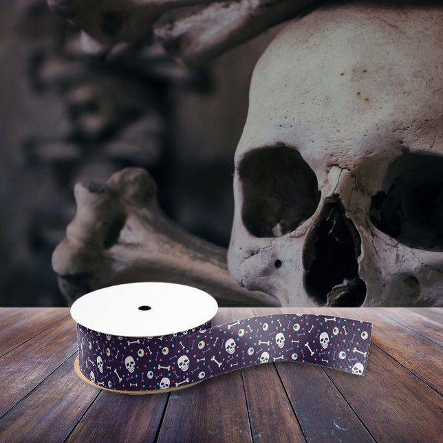 Dark Purple Halloween Skull Eyeballs Bones Pattern Grosgrain Ribbon (Creator Uploaded)