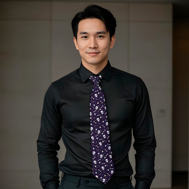 Dark Purple Halloween Skull Eyeballs Bones Pattern Tie (Creator Uploaded)