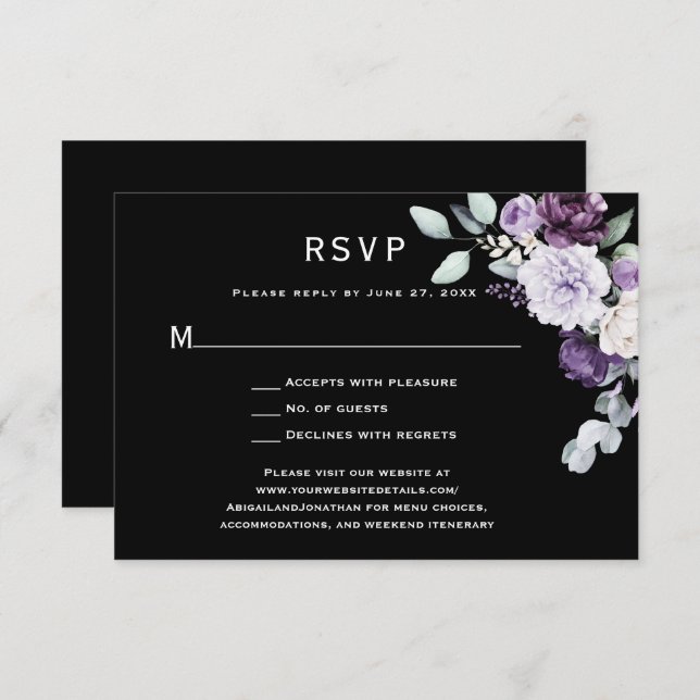 Dark Purple, Lavender Peony, White Rose Black RSVP Card (Front/Back)