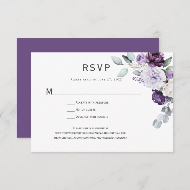 Dark Purple, Lavender Peony, White Rose Floral RSVP Card (Front/Back)