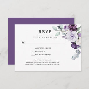 Dark Purple, Lavender Peony, White Rose Floral RSVP Card