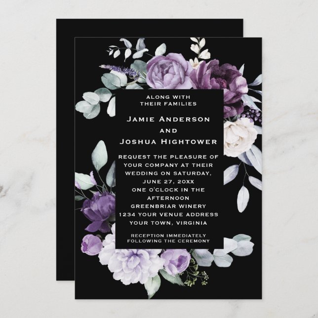 Dark Purple, Lavender, White Floral Black Wedding Invitation (Front/Back)