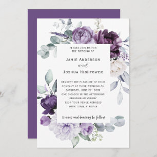 Dark Purple, Lavender, White Floral Wedding Invitation