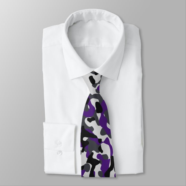 Dark Purple, Light Grey, and Black Camouflage Tie (Tied)
