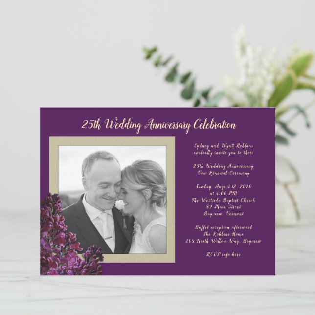 Dark Purple Lilac Photo Wedding Anniversary Event Invitation (Standing Front)