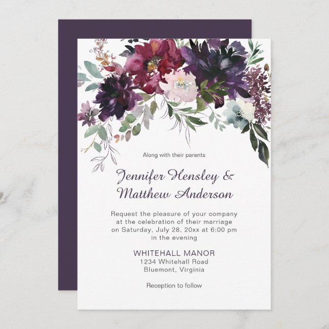 Dark Purple, Mauve, Red, Pink Floral Wedding Invitation (Front/Back)