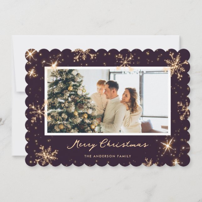 Dark Purple Modern Snowflake Photo Christmas Card (Front)