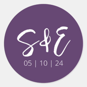 Dark Purple Monogram Calligraphy Modern Wedding Classic Round Sticker