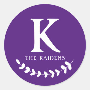 Dark Purple Monogram Initial & Family Last Name Classic Round Sticker