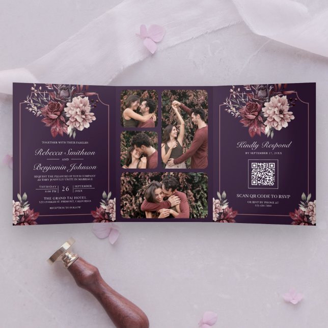 Dark Purple Moody Floral Frame QR Code Wedding Tri-Fold Invitation (Creator Uploaded)