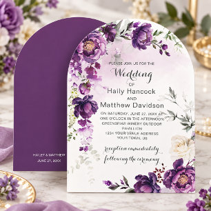 Dark Purple Peonies Arched Wedding Invitation