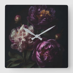 Dark Purple Peonies Flower Bouquet Oil Still Life Square Wall Clock
