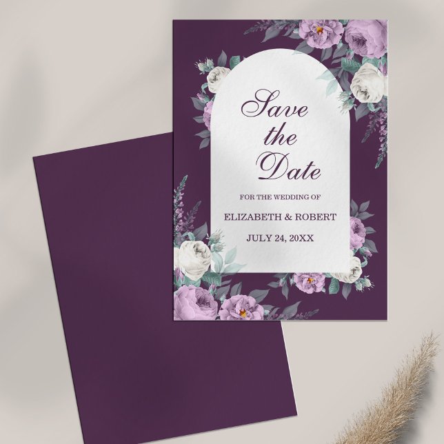 Dark Purple Peonies Save The Date Card (Dark Purple Peonies Save The Date Card on white table.)