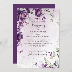 Dark Purple Peonies Wedding Invitation
