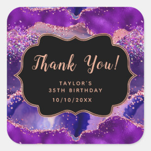 Dark Purple Pink Sequins Agate Birthday Thank You Square Sticker