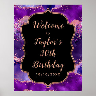 Dark Purple Pink Sequins Agate Birthday Welcome Poster