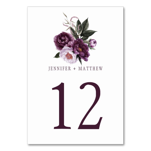 Dark Purple Plum Pink Floral Greenery Table | Table Number (Front)