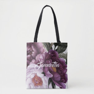 Dark Purple Plum Pink Peonies Greenery Tote Bag