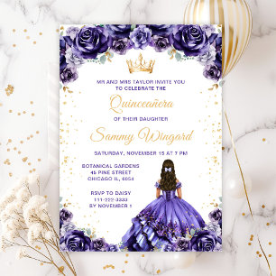 Dark Purple Princess Floral Quinceañera Invitation