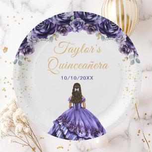 Dark Purple Princess Floral Quinceañera Paper Plate