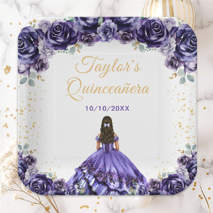Dark Purple Princess Floral Quinceañera Paper Plate
